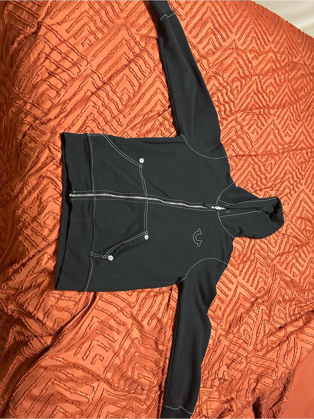 True Religion Black Hooded Zip-Up Jacket with Contrast Stitching